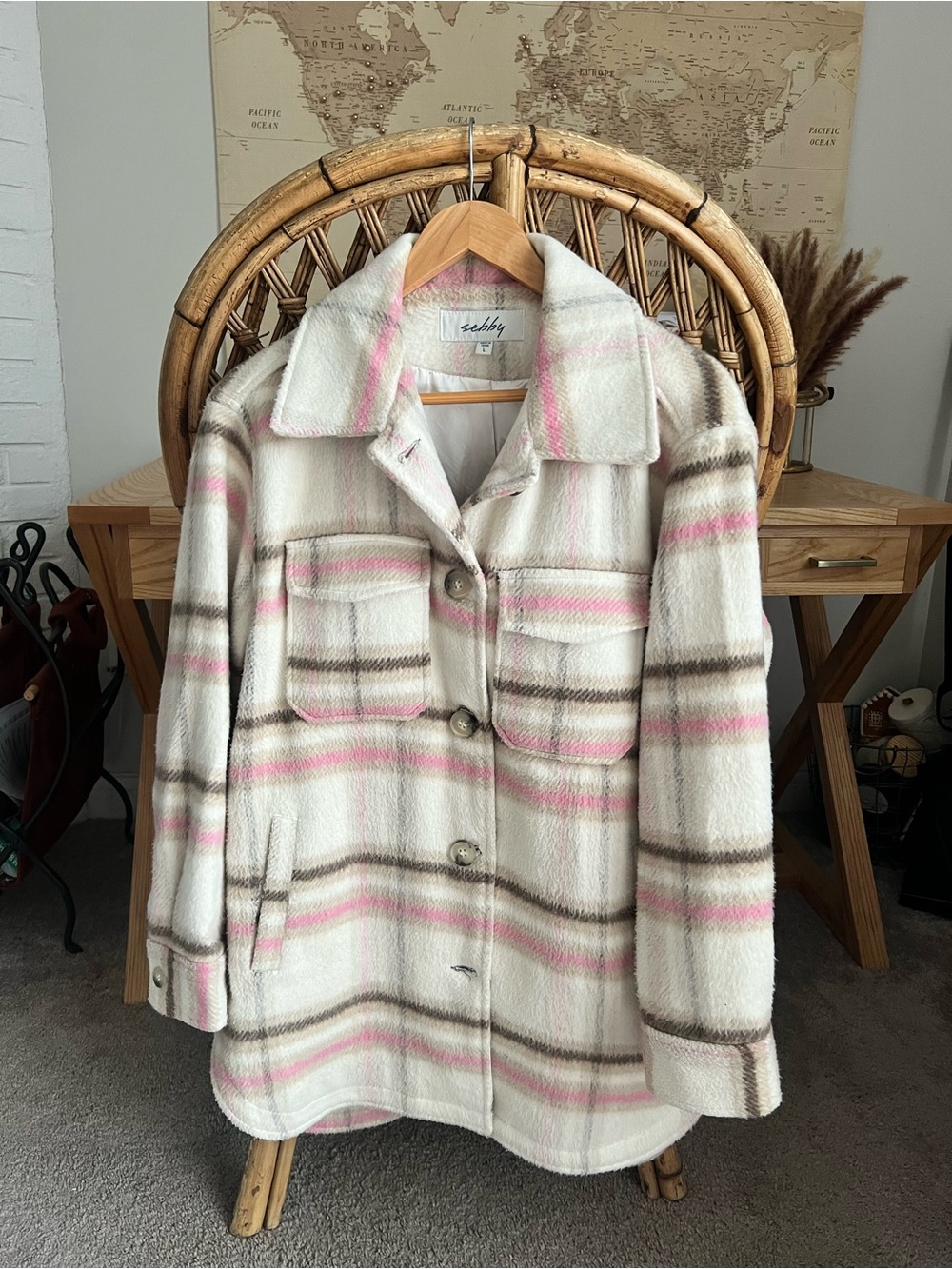 Sebby Cream Plaid Trench Coat with Pink & Brown Stripes Shacket